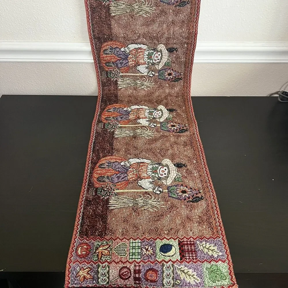 Vintage Tapestry Table Runner Autumn Fall Pumpkins Scarecrow Leaves‎ Cute 12x66
